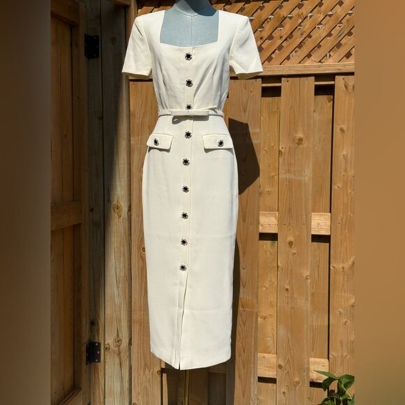 🆕 SELF-PORTRAIT 🧿 BNWOT Cream Ecru Crepe Buttoned Midi Dress, Sz UK 6/ US 2 - Picture 3 of 14
